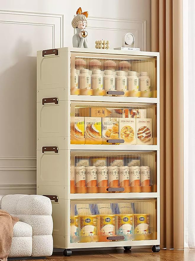 Flip Storage Box Organizer with Wheels and Doors (5 Layer 48 cm, Beige)