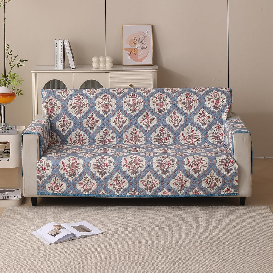 Polyester Sofa Cover Mat Reversible Couch Protector- Indigo Muse
