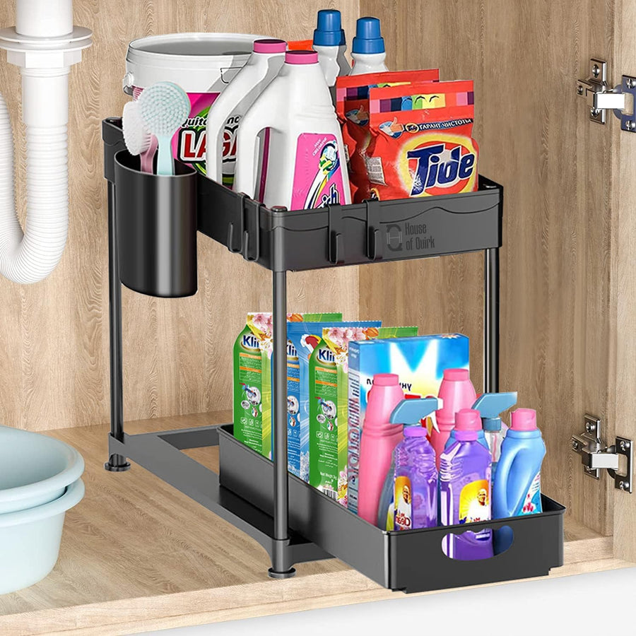 2 Tier Under Sliding Cabinet Basket Organizer- Black