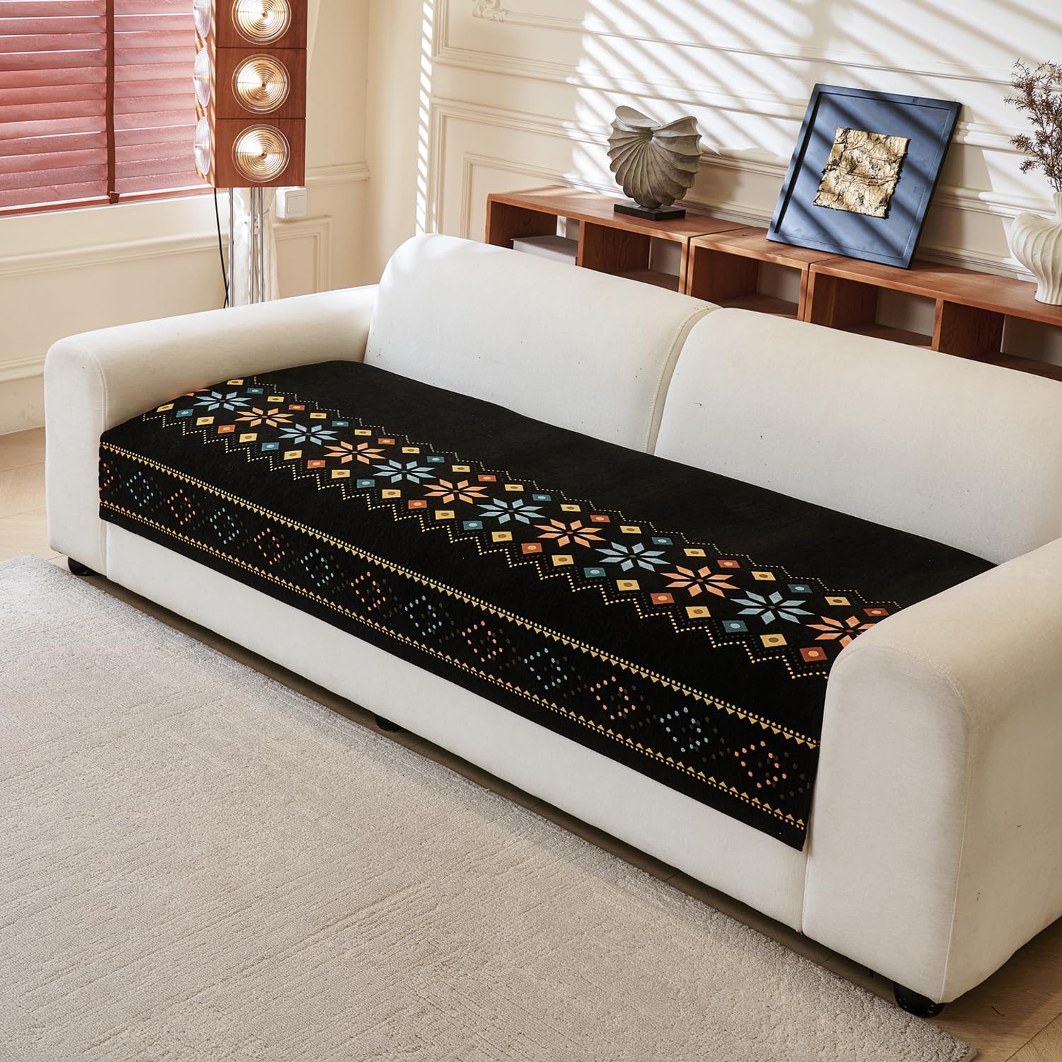 Rangoli Series Chenille Bohemia Couch Cover Quilted Non-Slip Washable Sofa Slipcover (Black)