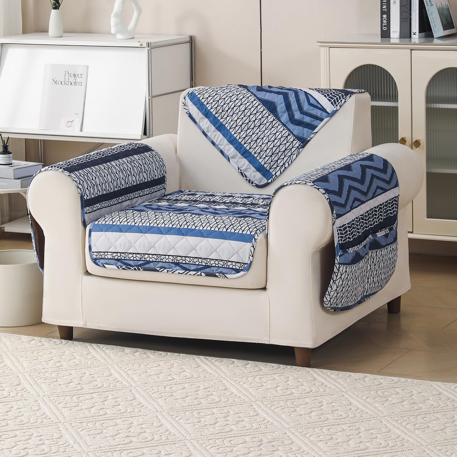 'Aura Petal Series' Quilted Sofa Mat Printed – Anti Slip (Boho Navy)