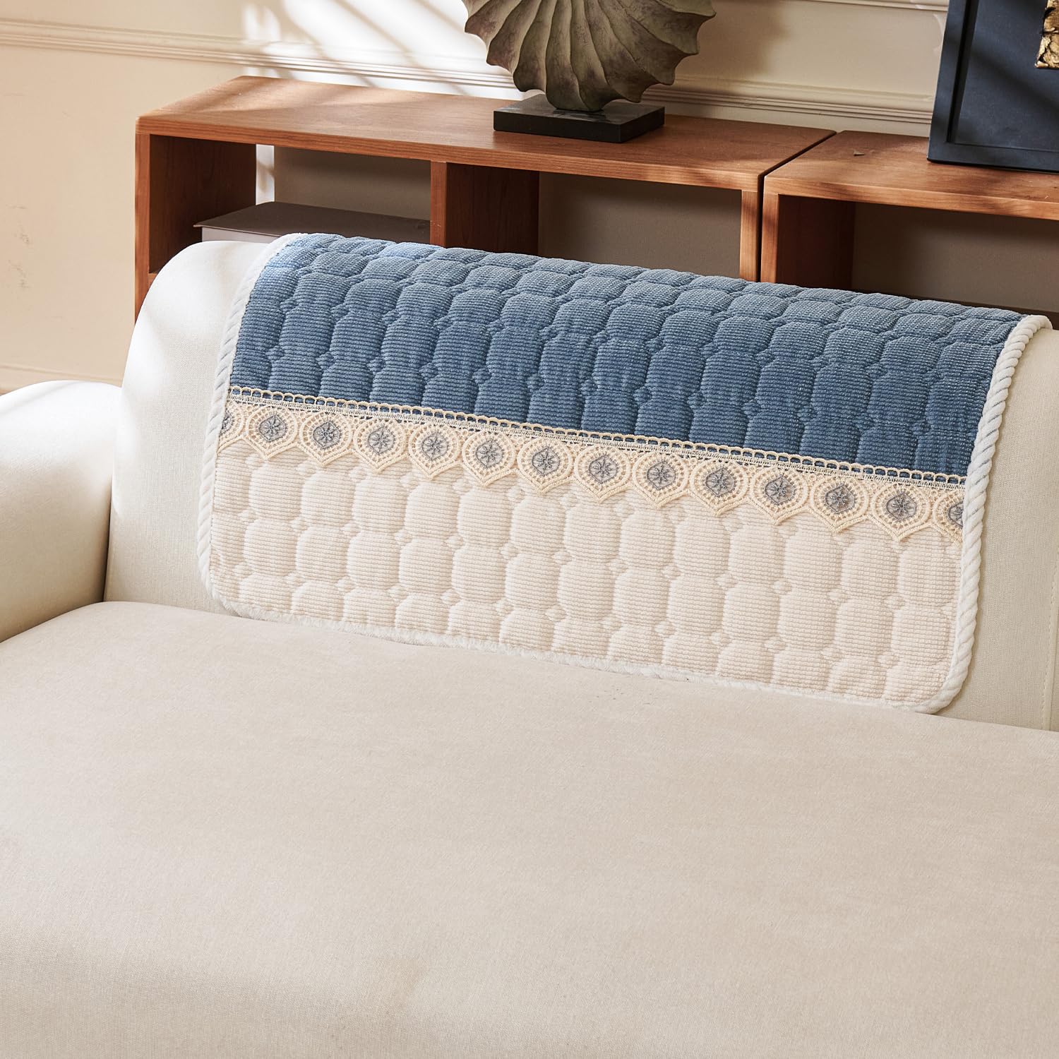 Waffle Quilt Corduroy Chenille Sofa Cover – Quilted, Non-Slip, Washable & Durable Protector (Blue)