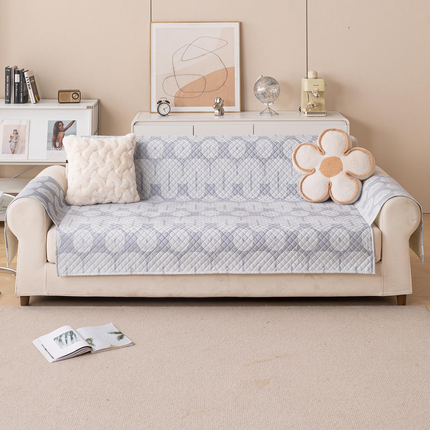 Quilted Printed Sofa Cover for Indian Sofa Set – Washable (Grey Loop)
