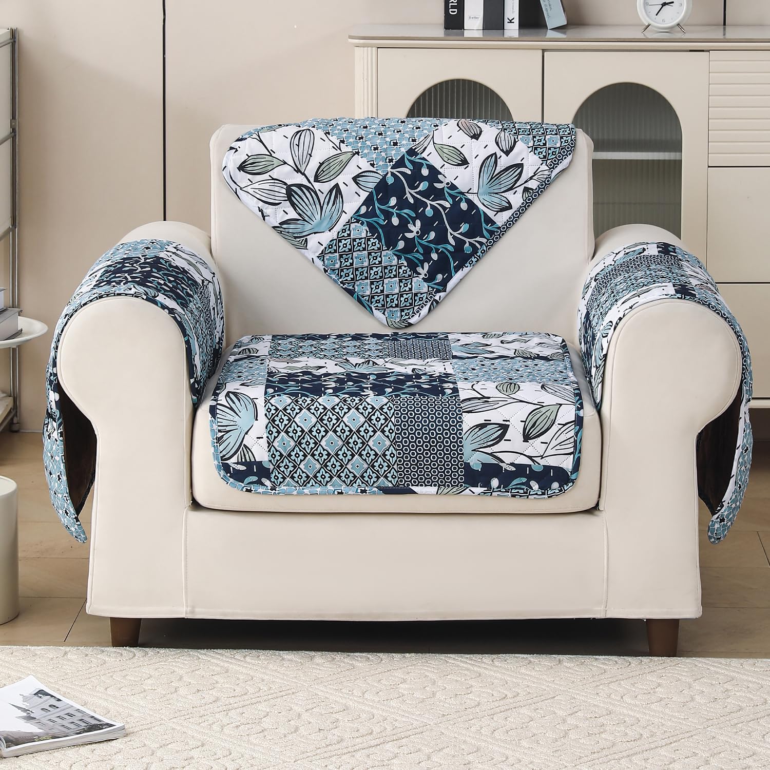 'Aura Petal Series' Quilted Sofa Mat Printed – Anti Slip (Paisley Blue)