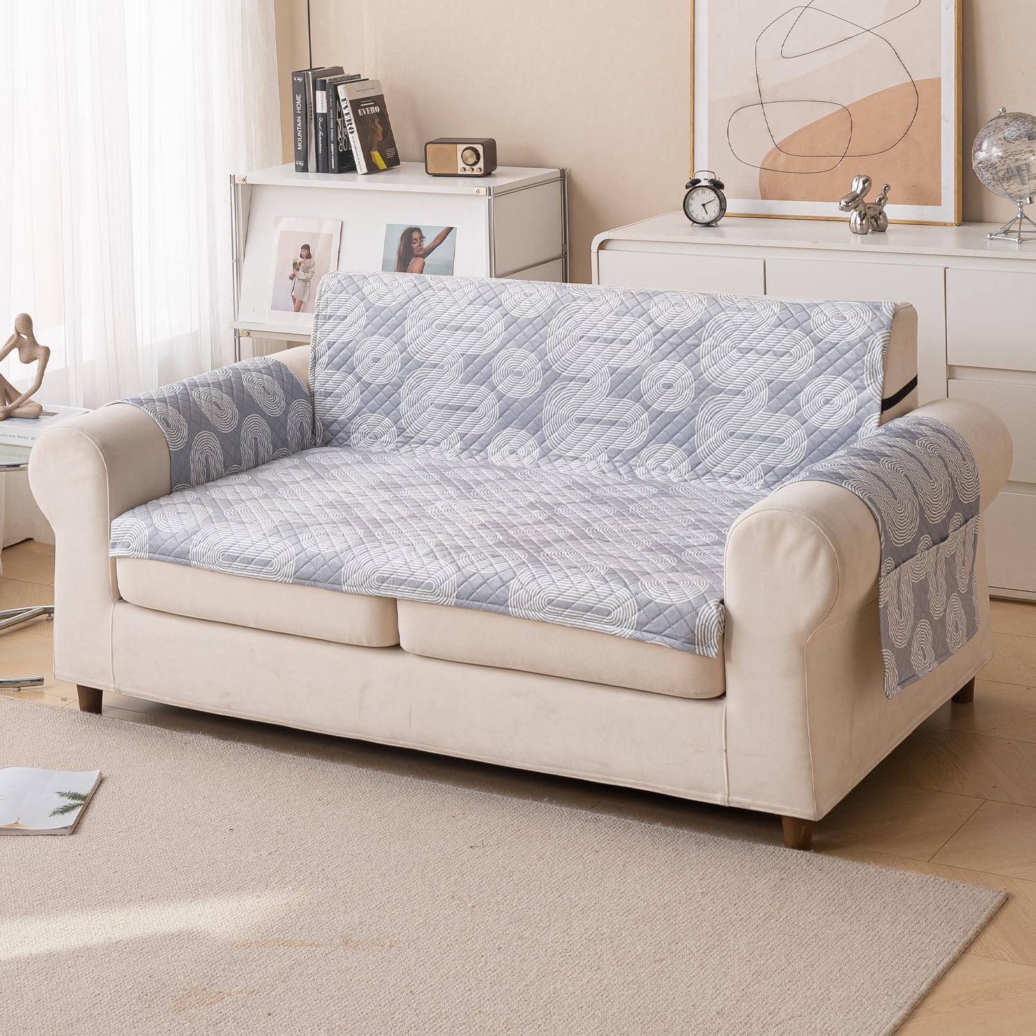 Quilted Printed Sofa Cover for Indian Sofa Set – Washable (Grey Loop)