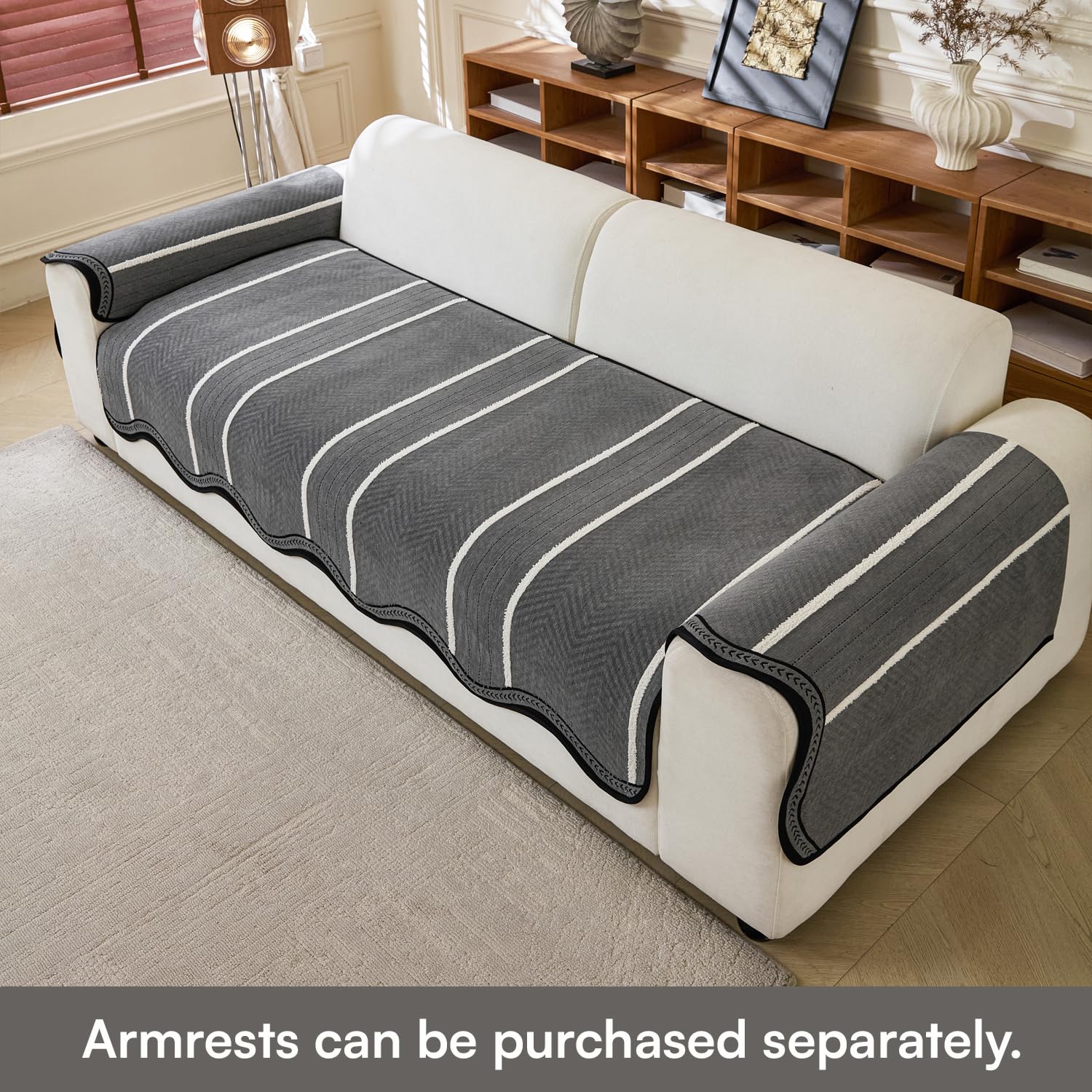 Loom Stripe Series Chenille Couch Cover Curved Edge Quilted Non-Slip Sofa Cover (Grey)
