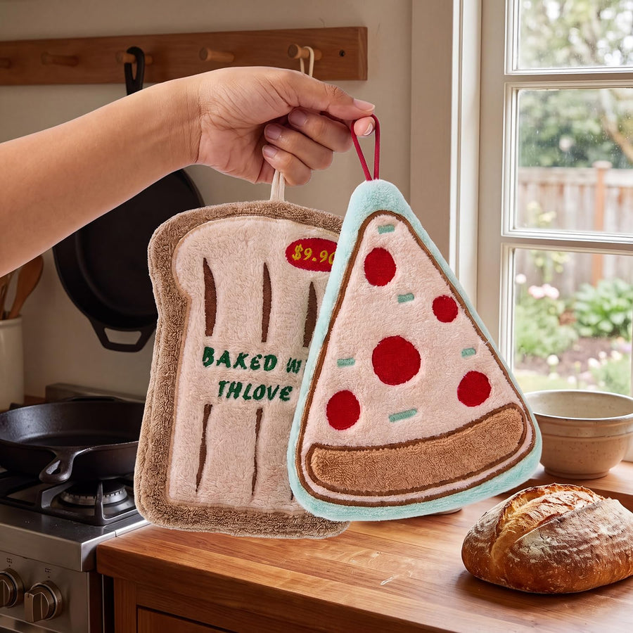 Pizza Bread Shaped Hanging Towels Set of 2 (Pizza/Bread)