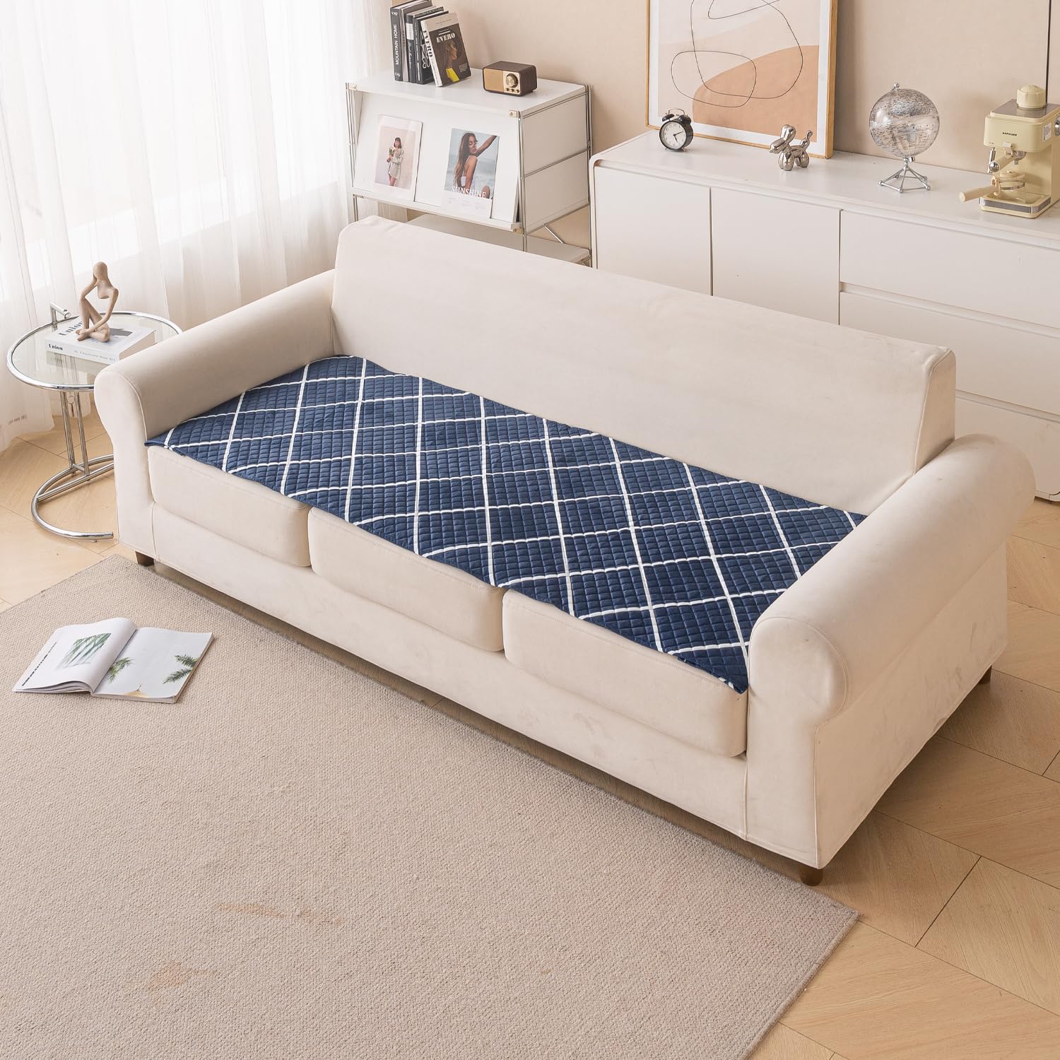 Printed Sofa Cover for Indian Sofa Set Quilted, Washable & Durable (Blue Diamond)