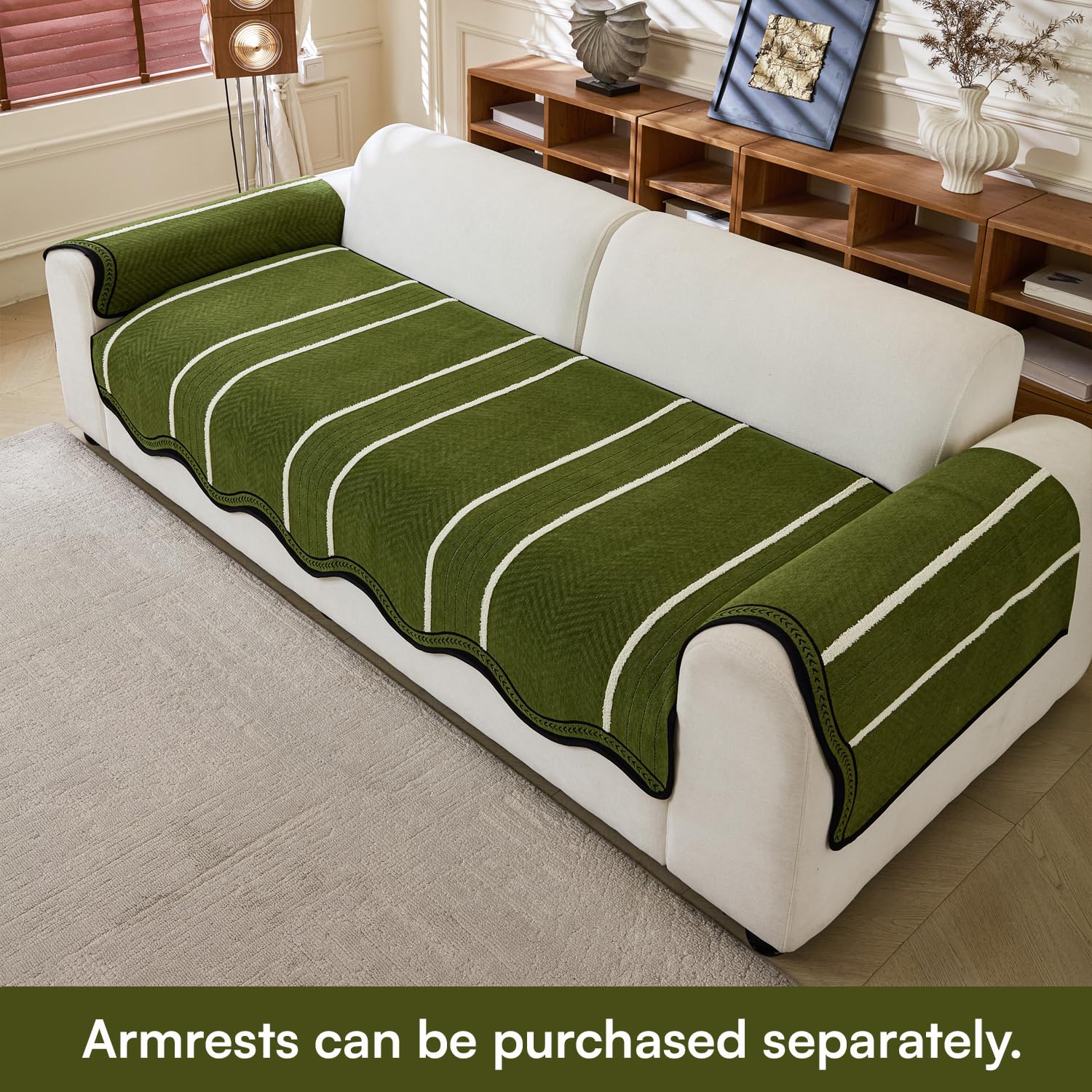 Loom Stripe Series Chenille Couch Cover Curved Edge Quilted Non-Slip Slipcover (Green)
