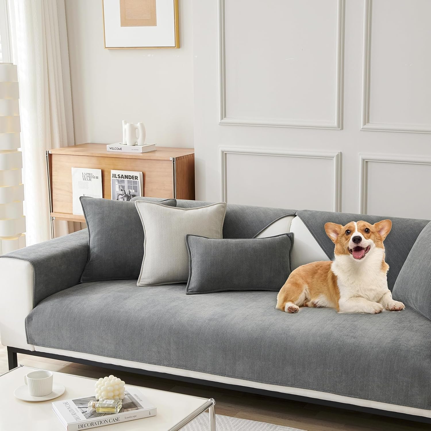 Herringbone Chenille Sofa Cover Set – 3 Pcs (2pc Armrest Covers 50x70cm + 1pc Seat Cover) Grey