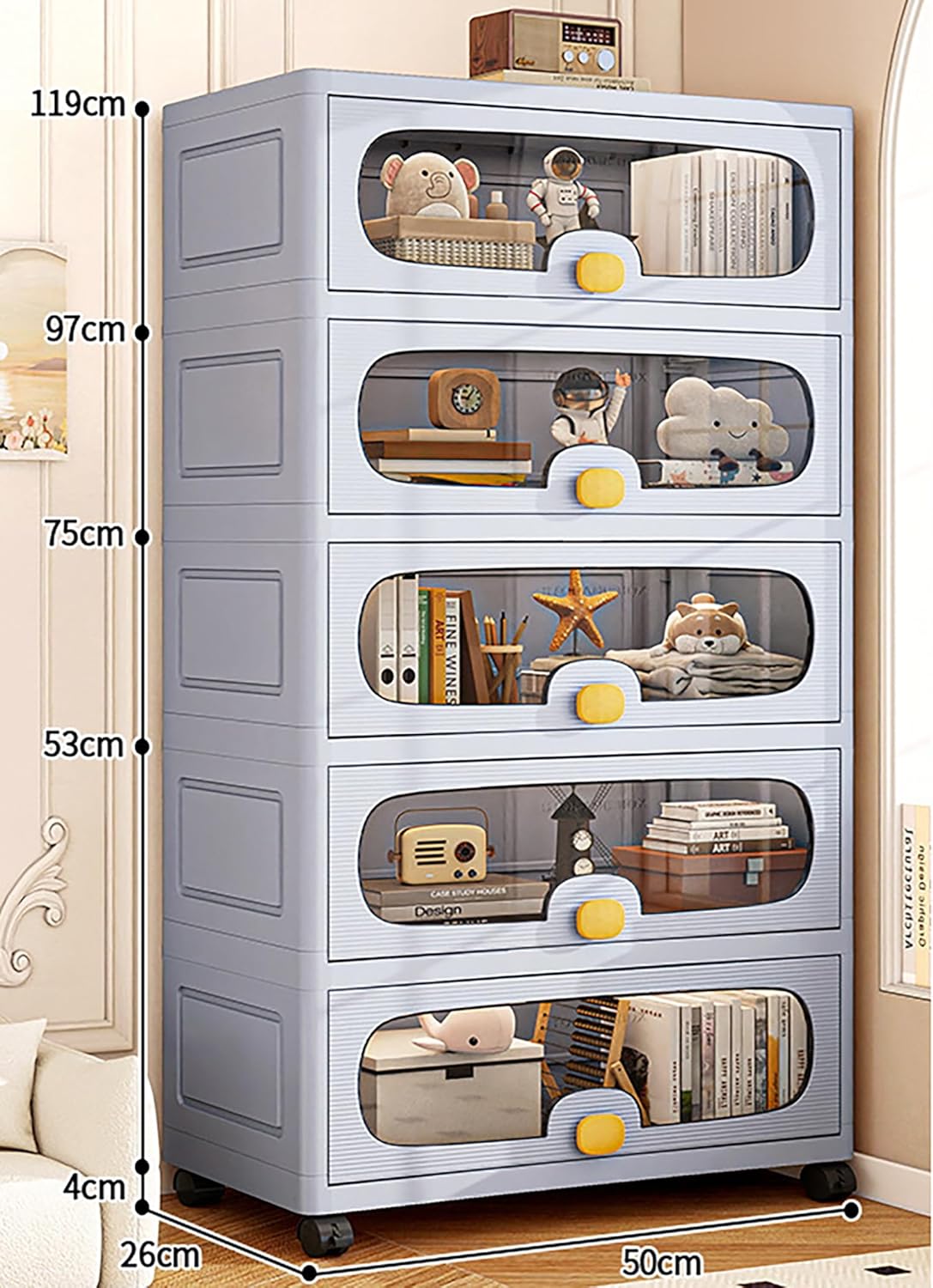 Stackable Collapsible Storage Box Cabinet with Wheels & Flip Doors (Grey)