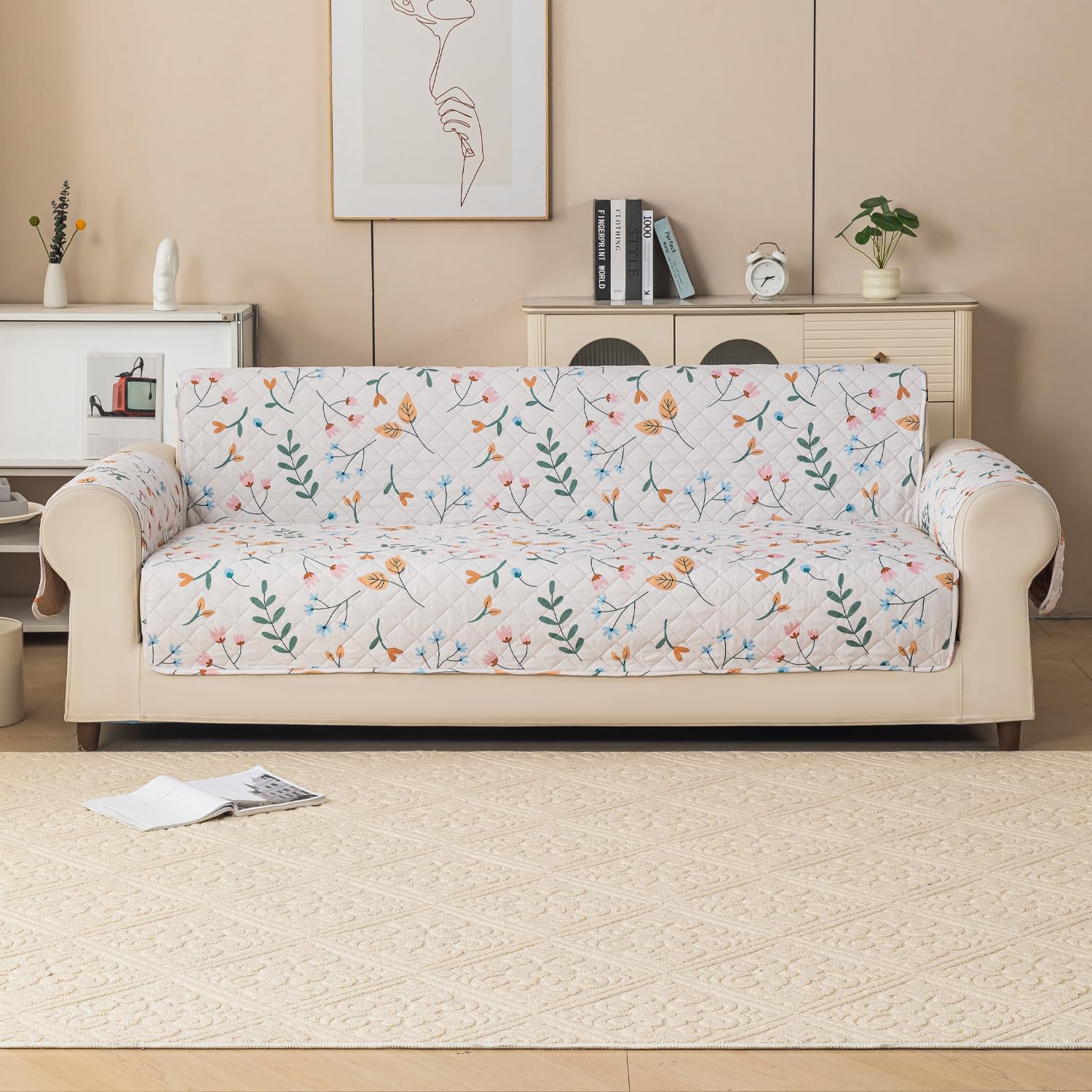 Gulnaar Series Anti-Slip Sofa Cover Mat with Pocket – Polyester Couch Protector(Blush Meadow)