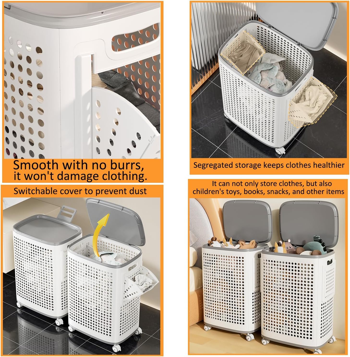70L Rolling Laundry Hamper with Lid – Large Plastic Basket with Wheels & Handle (White)