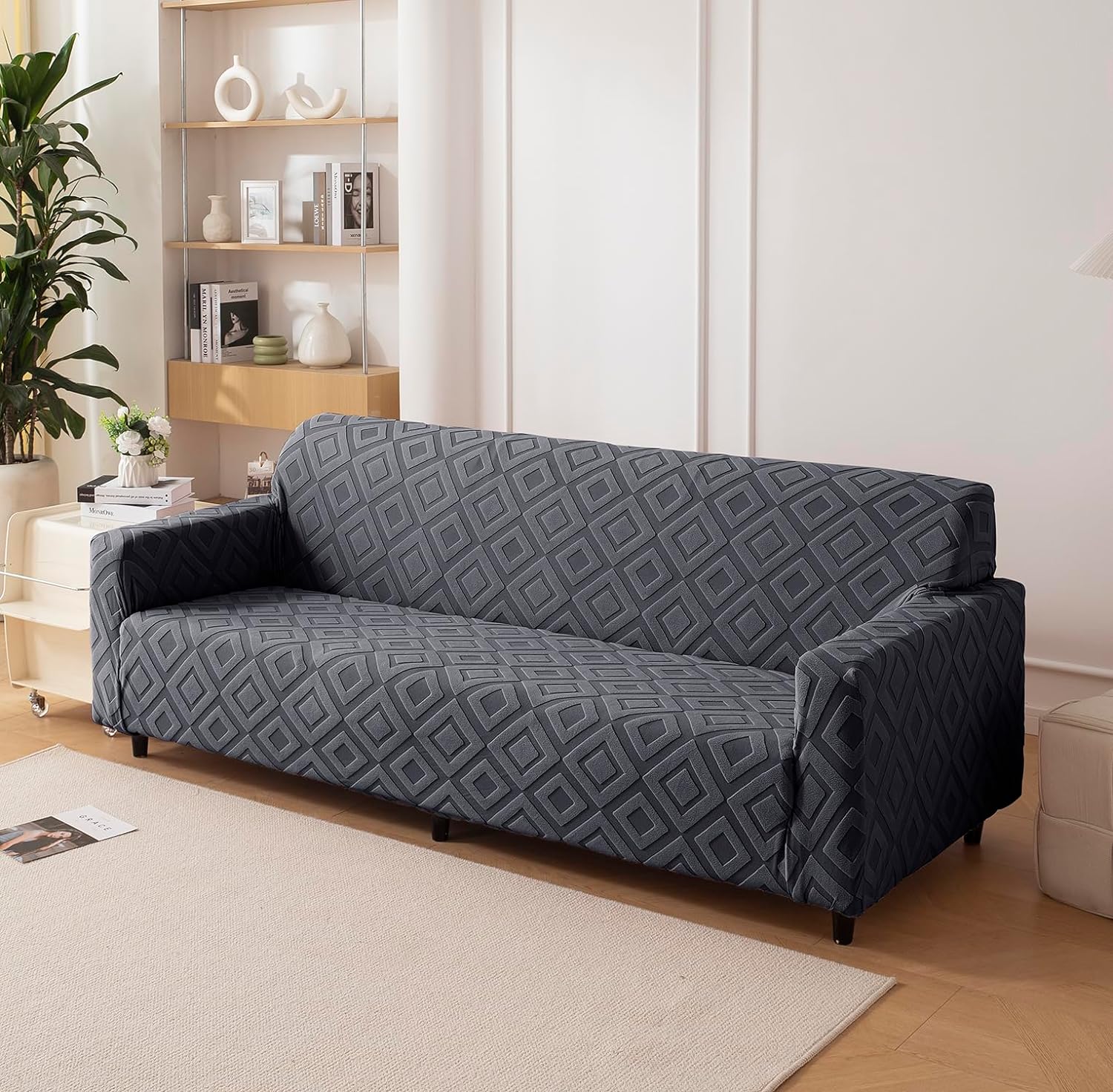 Jacquard Fabric Diamond Texture Sofa Cover 220 GSM (Charcoal)