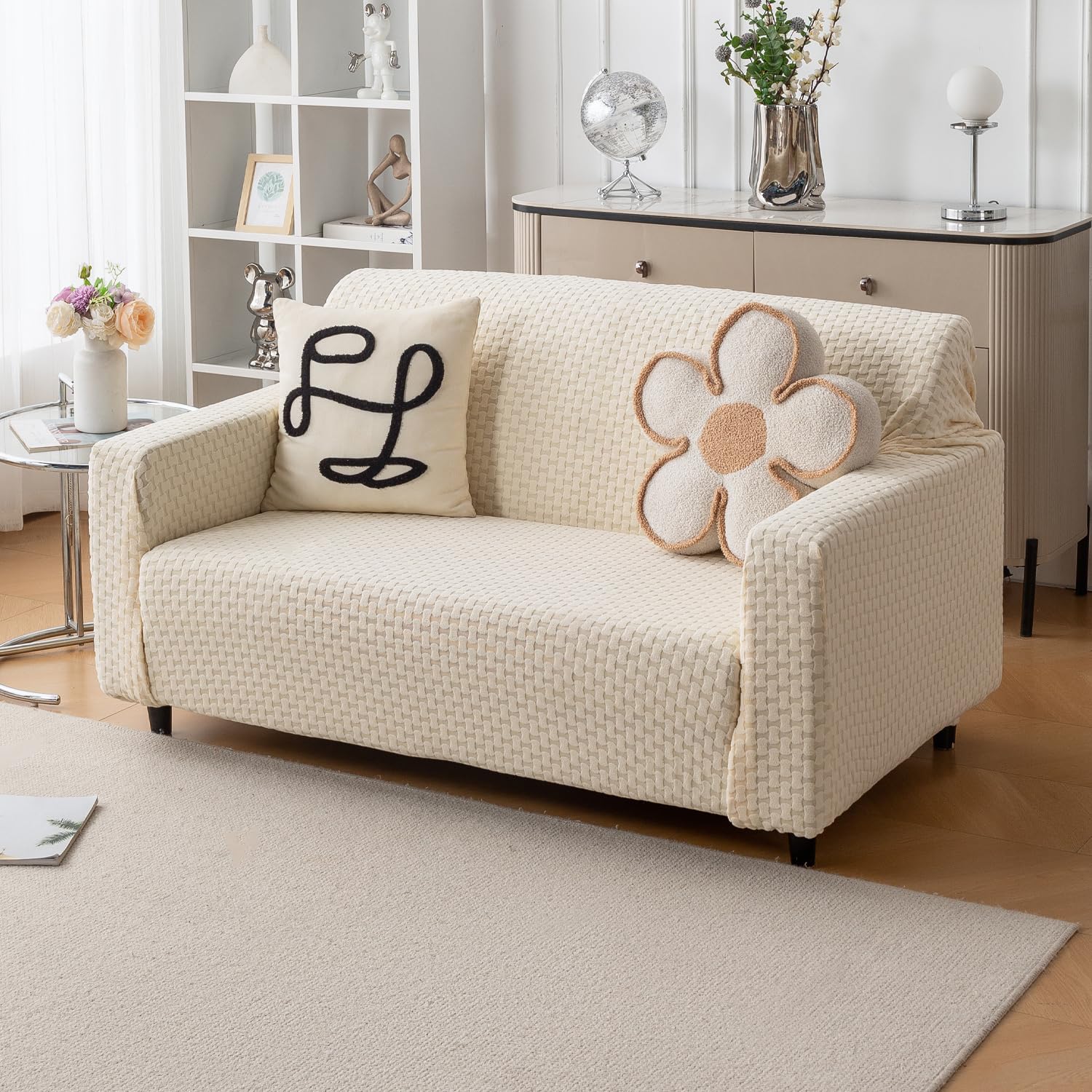 Elegant Jacquard Fabric 220 GSM Sofa Cover – Ultra Soft Stretchable (Beige)