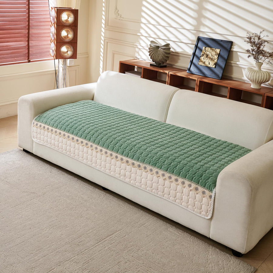 Waffle Quilt Corduroy Chenille Sofa Cover – Quilted, Non-Slip, Washable & Durable Protector (Green)