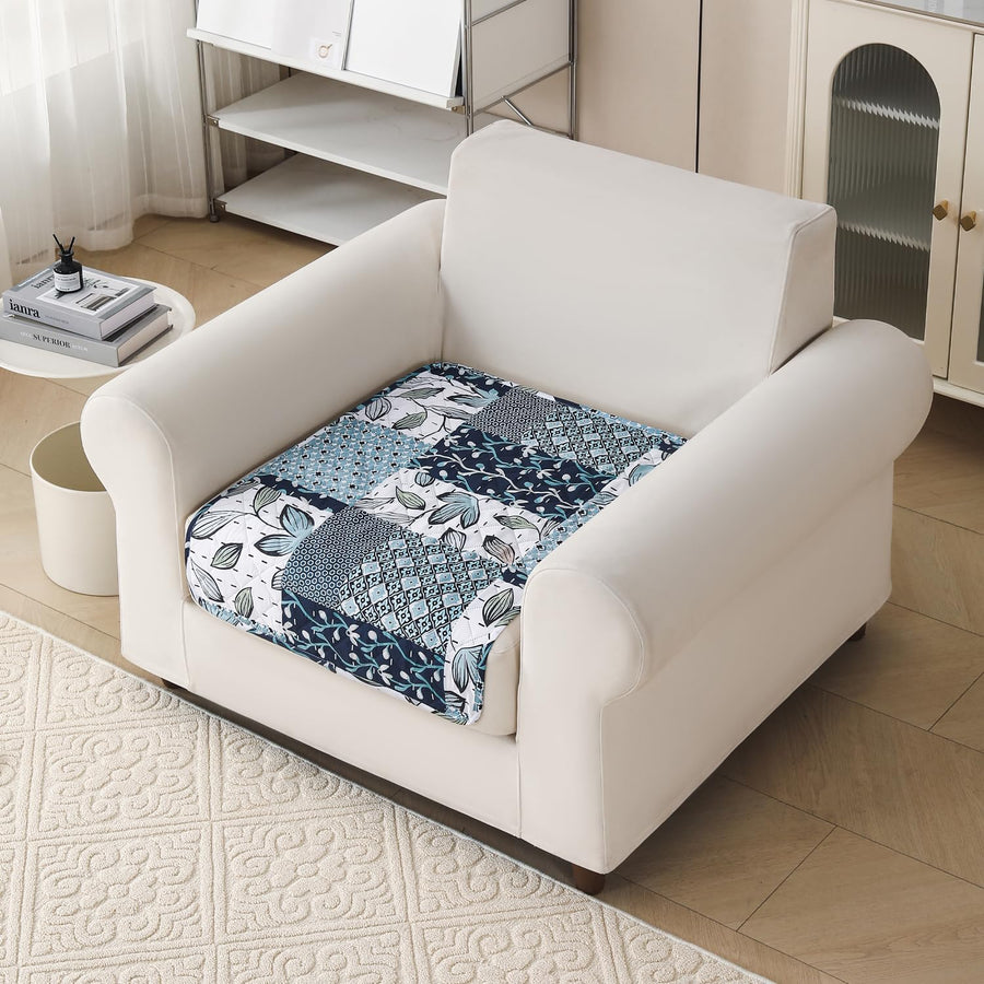 'Aura Petal Series' Quilted Sofa Mat Printed – Anti Slip (Paisley Blue)