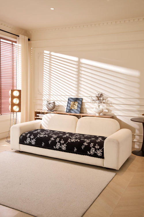 Modern Style Sofa Cover with Fur Ball Chenille (Black Floral)