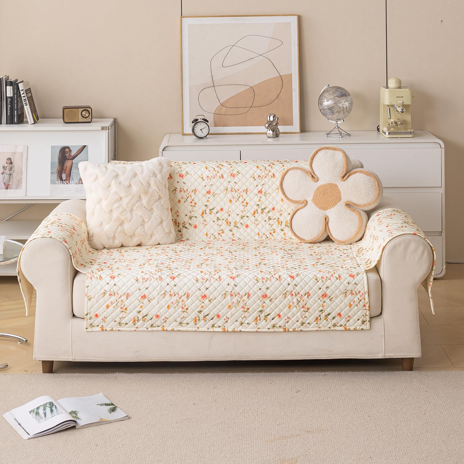 Quilted Printed Sofa Cover for Indian Sofa Set – Washable (Beige Tulip)