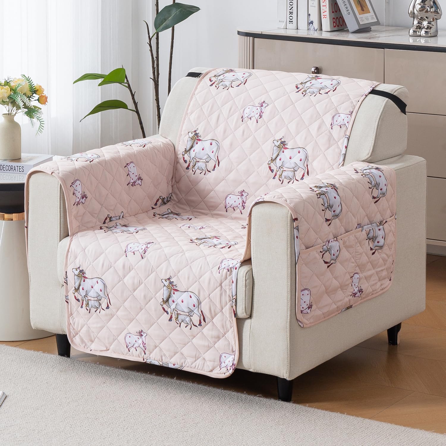 Mughal Series Anti-Slip Sofa Cover Mat with Pocket – Polyester Couch Protector(Kamdhenu)