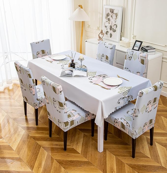 Dining Table Cover (Grey Elephant Printed, (1 Table Cover + 6 Chair Cover)