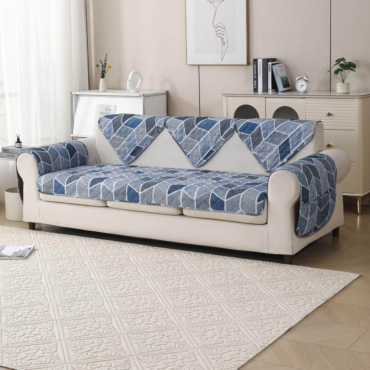 'Aura Petal Series' Quilted Sofa Mat Printed – Anti Slip (Hexa Blue)