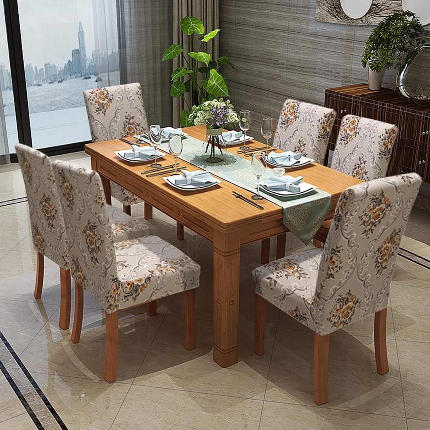 Printed Elastic Chair Cover (Beige Iris)