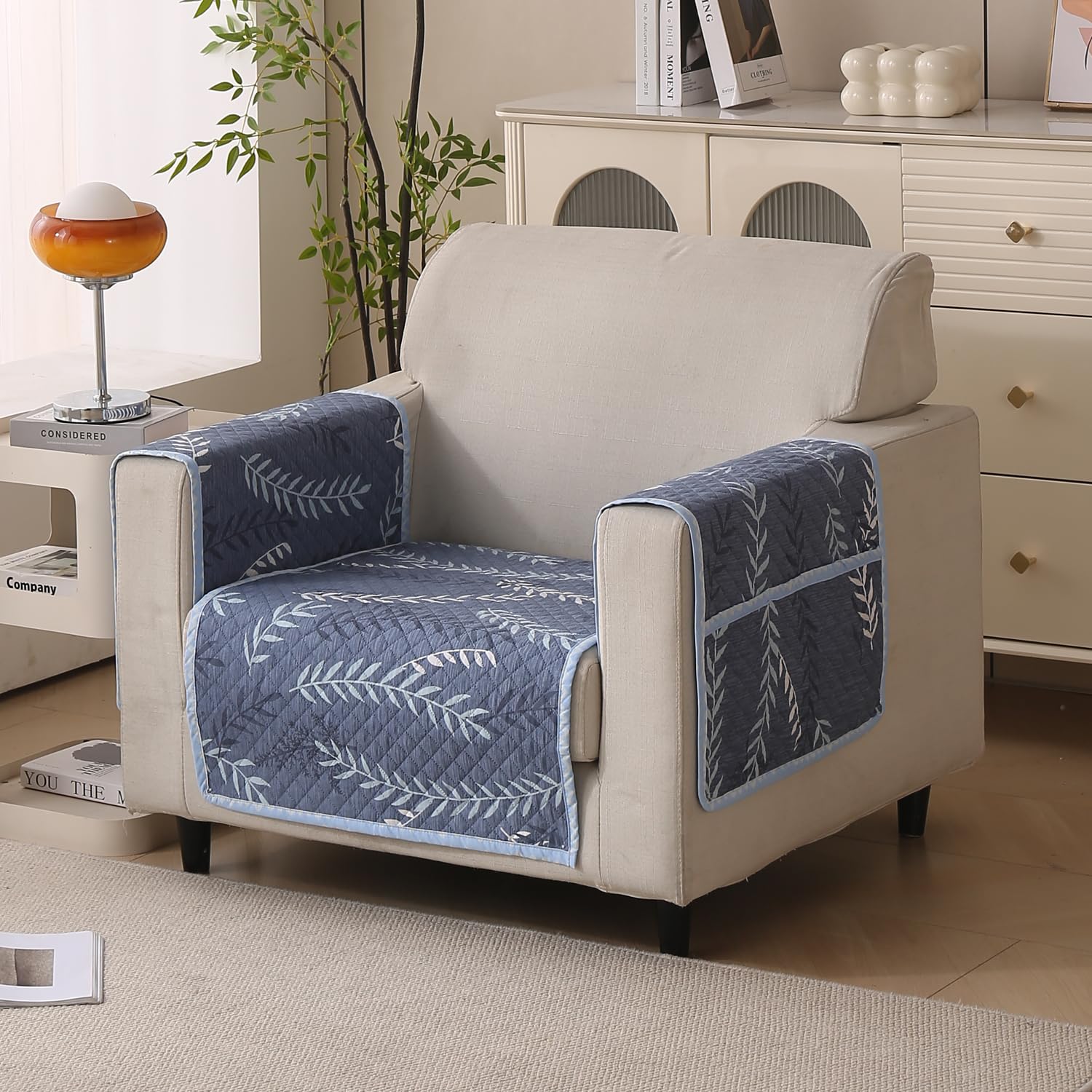 Reversible Printed Quilted Sofa Cover Mats for 1/2/3/4 Seater Sofa Cover- Blue Fern