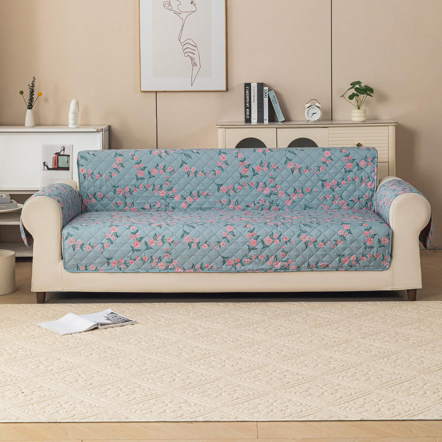 Gulnaar Series Anti-Slip Sofa Cover Mat with Pocket – Polyester Couch Protector(Pastel Bloom)