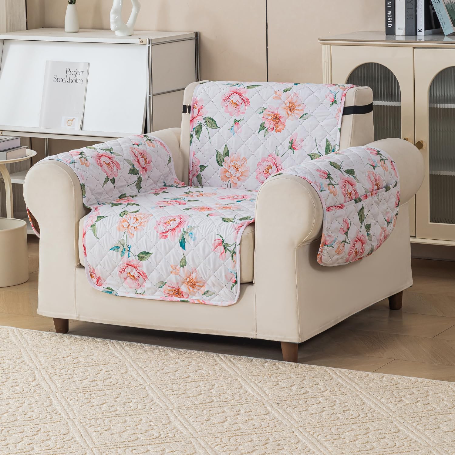 Gulnaar Series Anti-Slip Sofa Cover Mat with Pocket – Polyester Couch Protector(Rose Bloom)