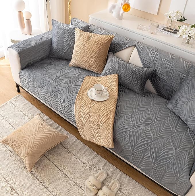 Velvet Plush Sofa Cover Palm Leaves Quilted Sofa Cover 1/2/3/4 Seater Mat (Grey)