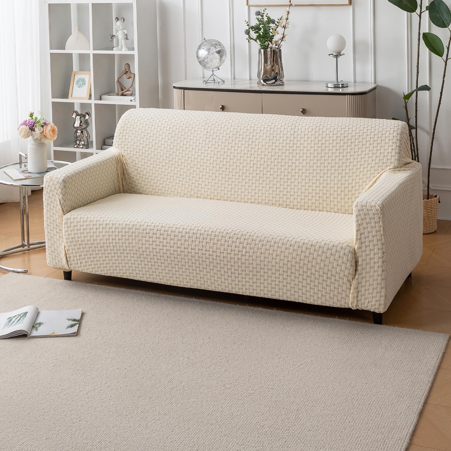 Elegant Jacquard Fabric 220 GSM Sofa Cover – Ultra Soft Stretchable (Beige)
