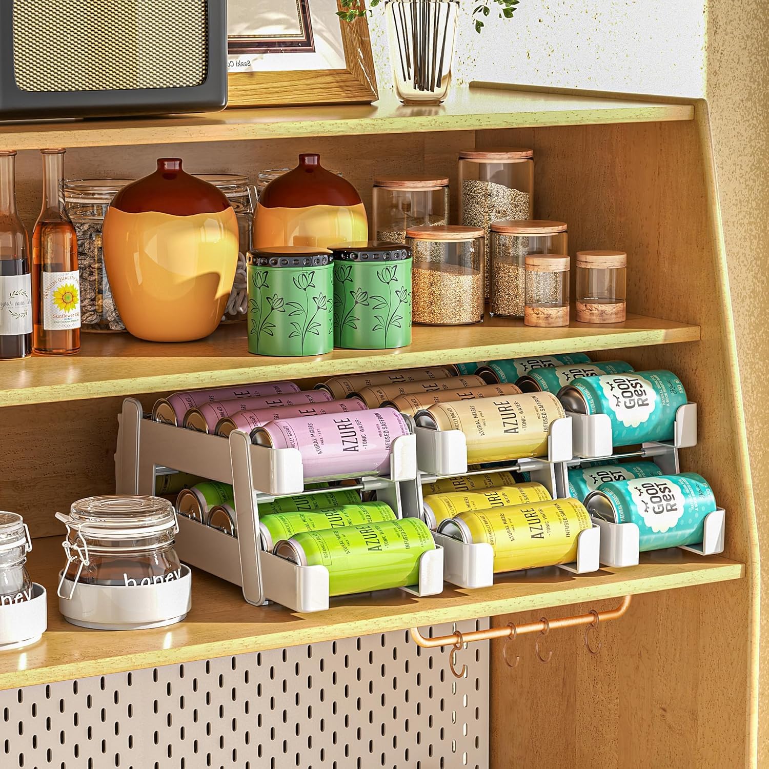 1 Pc Soda Can Organizer – Holds 9 Cans, Compact 6.7" Fridge Dispenser with Metal Rods (White)