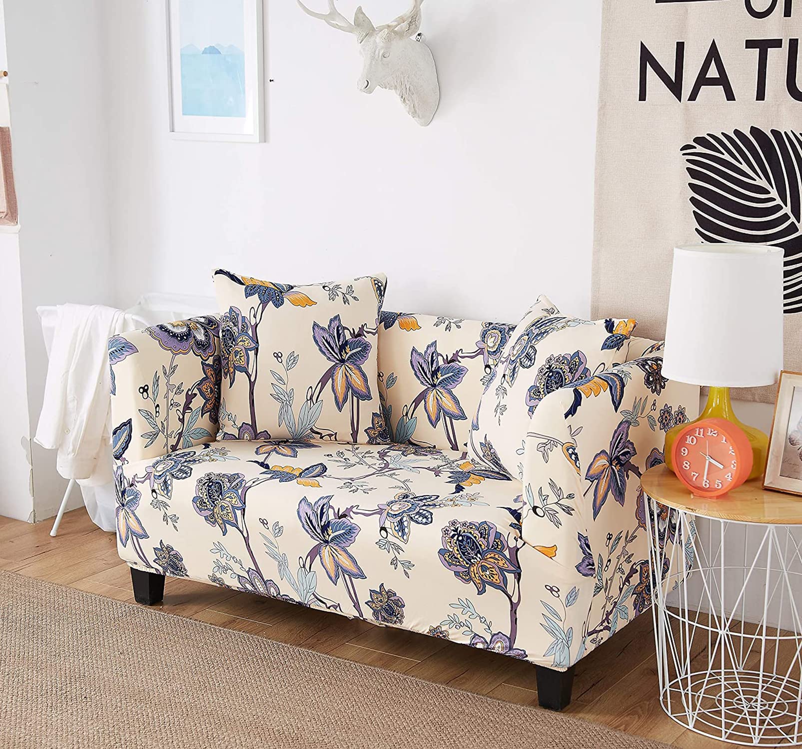 Universal Stretchable Sofa Cover-Beige Blue Butterfly