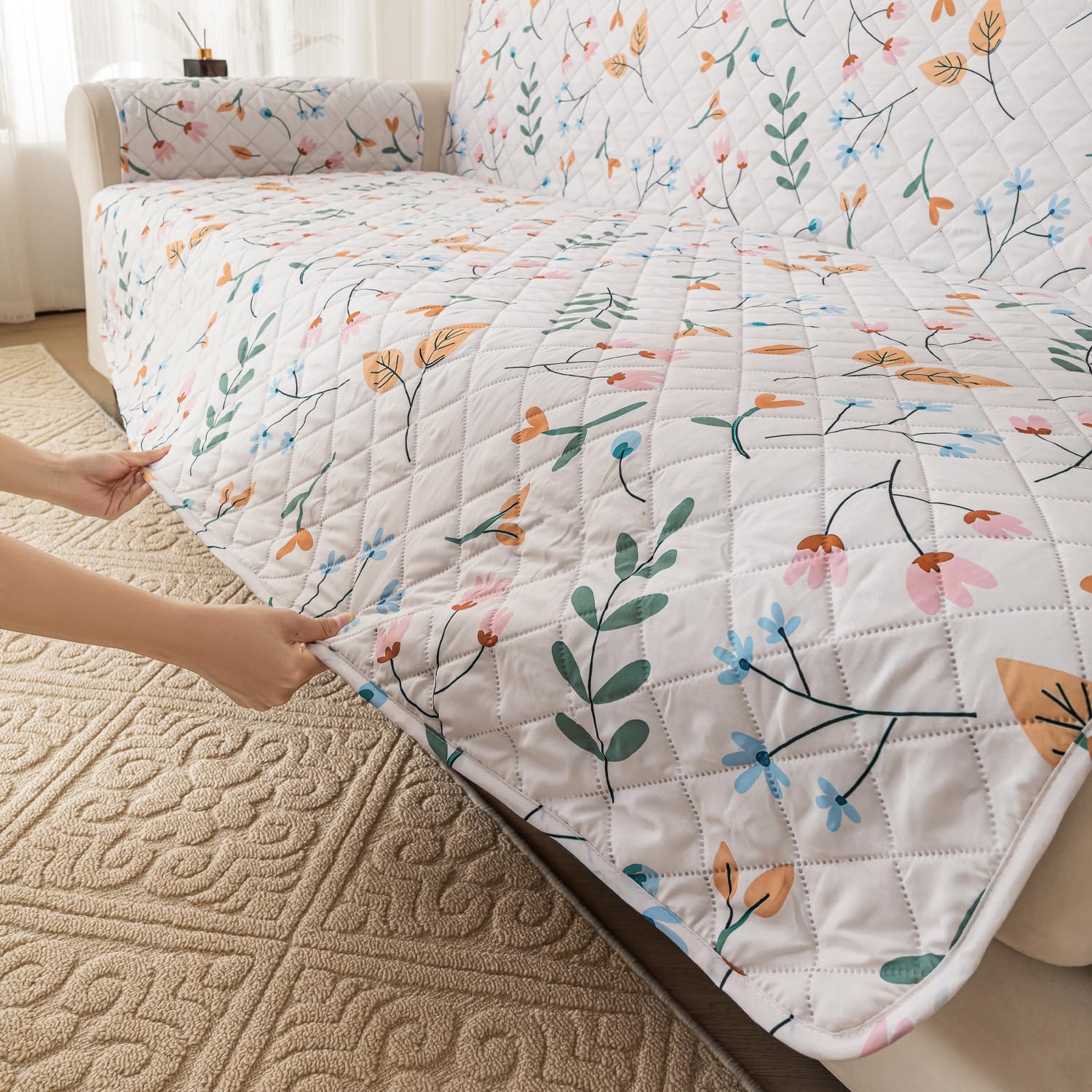 Gulnaar Series Anti-Slip Sofa Cover Mat with Pocket – Polyester Couch Protector(Blush Meadow)