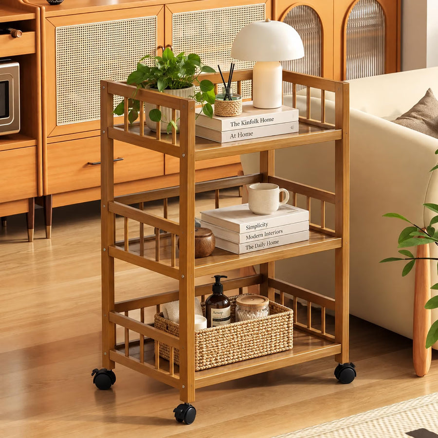 Bamboo Kitchen Cart with Wheels & Pull-Out Drawer - Brown