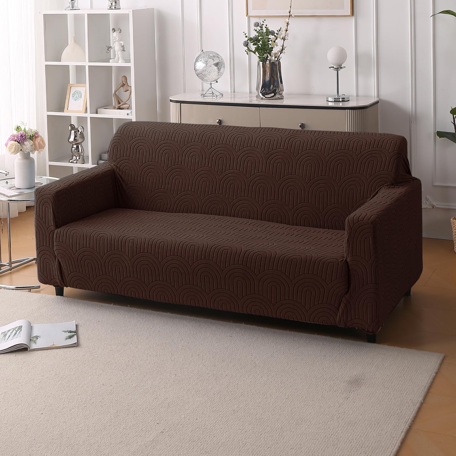Premium Jacquard Fabric 220 GSM Sofa Cover – Soft, Stretchable (Brown)