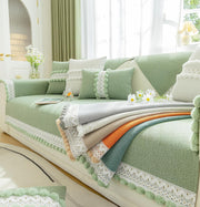 Chenille Fabric with Ball Tassels Sofa Cover Set – 3 Pcs Set (2pc Armrest Covers 50x70cm + 1pc Seat Cover) Green