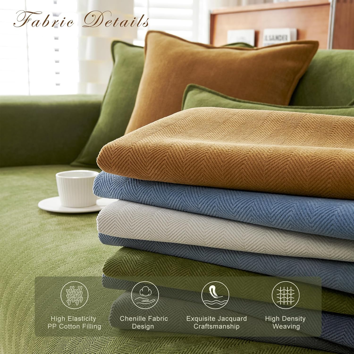 Herringbone Chenille Sofa Cover Set – 3 Pcs (2pc Armrest Covers 50x70cm + 1pc Seat Cover) Green)