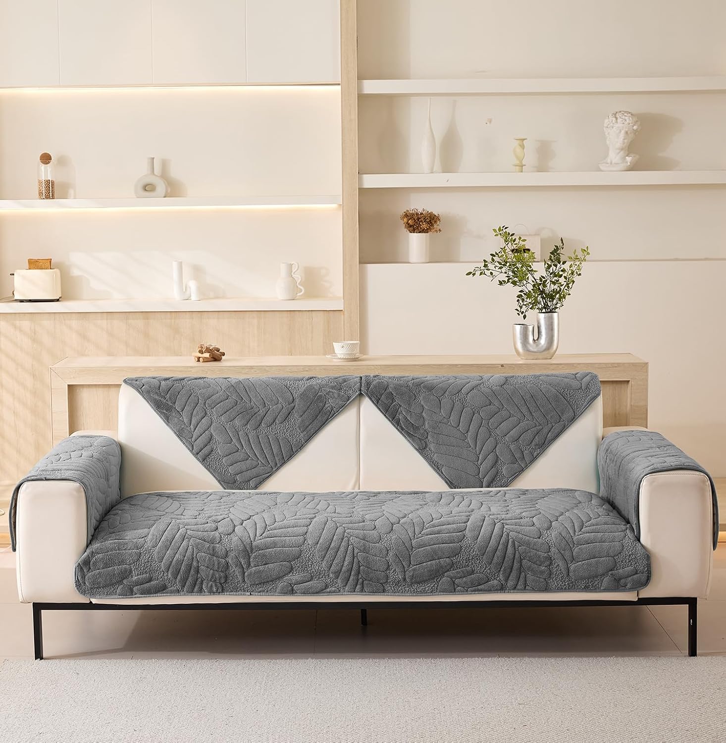 Sofa Cover Mat Leaf Coral Fleece Chenille Fabric Seater Sofa (Charcoal)