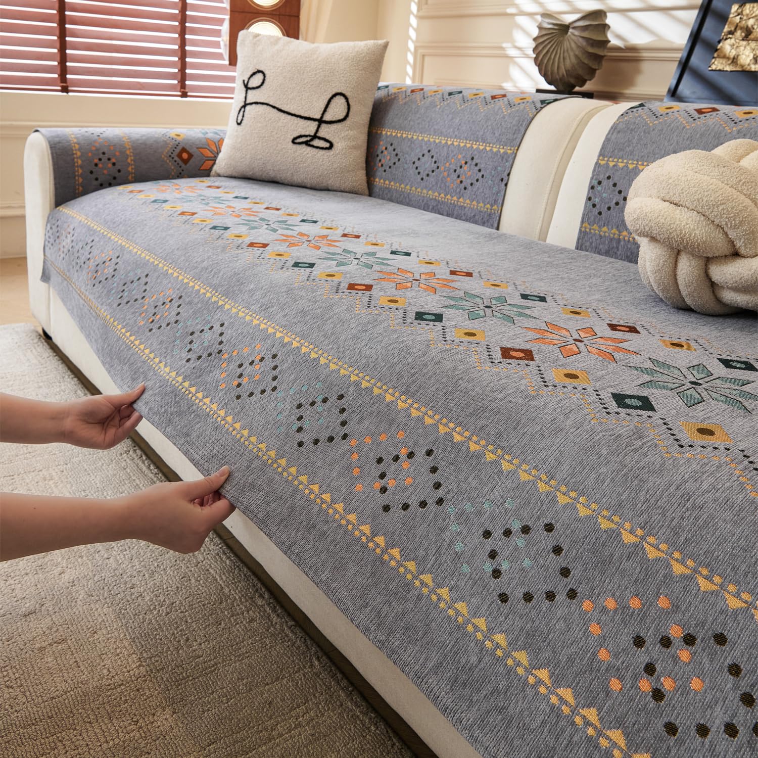 Rangoli Series Chenille Bohemia Couch Cover Quilted Non-Slip Washable Sofa Slipcover (Grey)