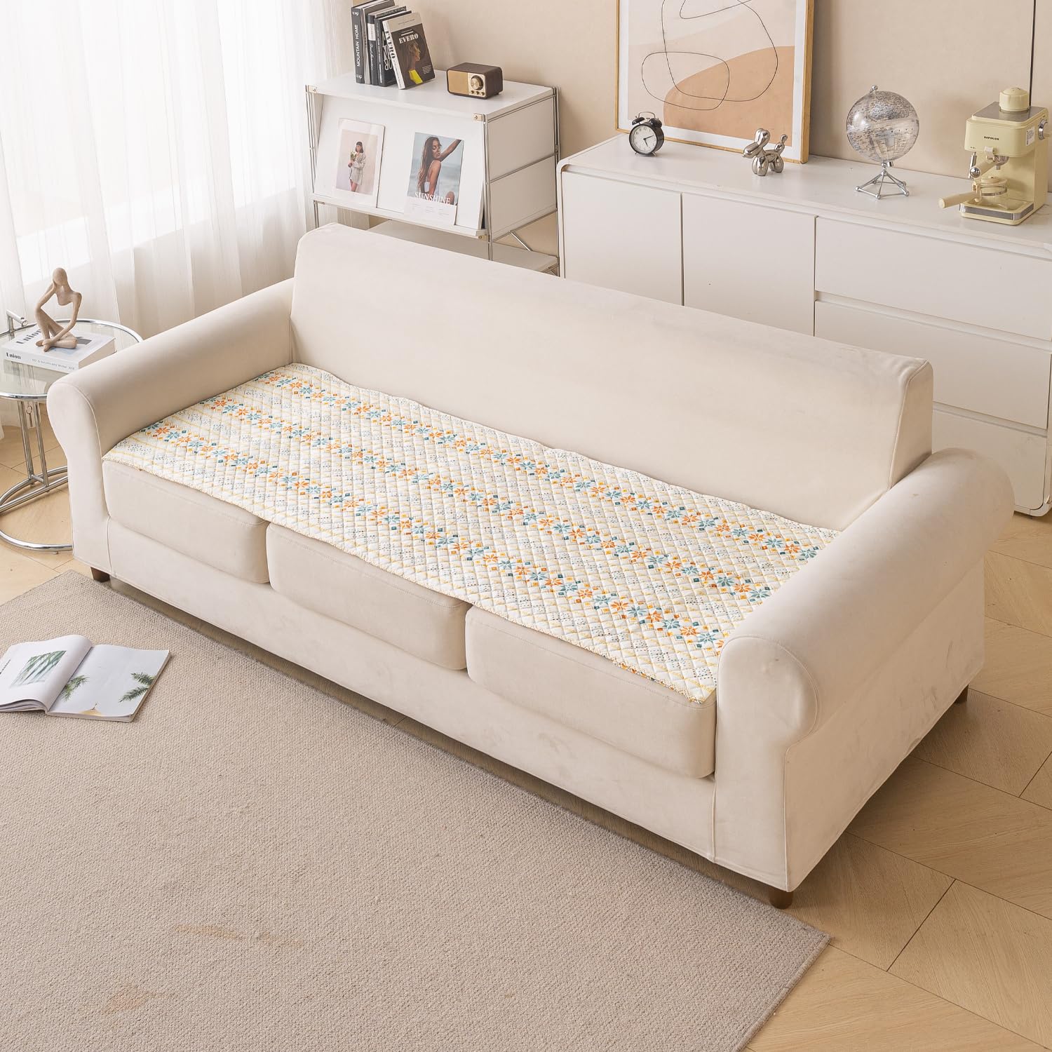 Printed Sofa Cover for Indian Sofa Set Quilted, Washable & Durable (Beige Garland)