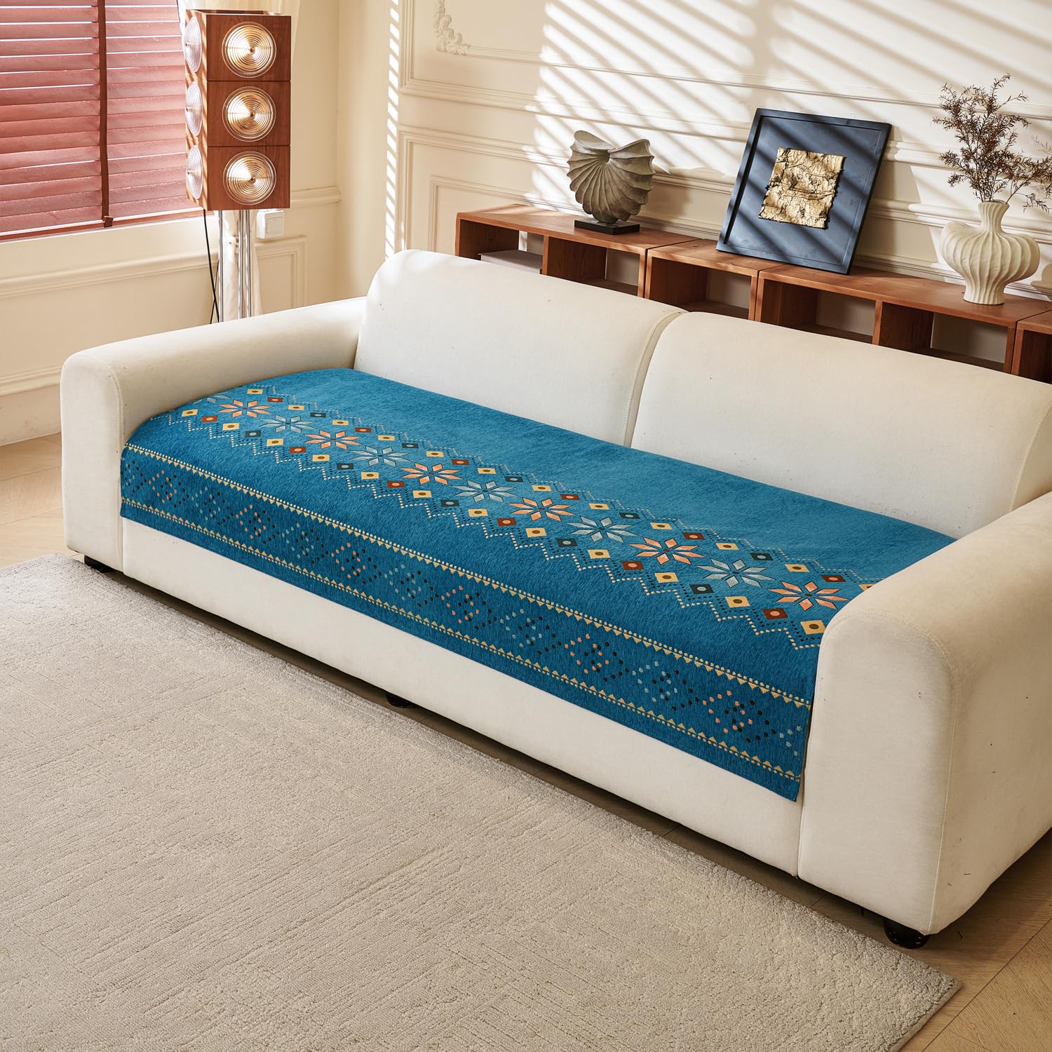 Rangoli Series Chenille Bohemia Couch Cover Quilted Non-Slip Washable Sofa Slipcover (Blue)