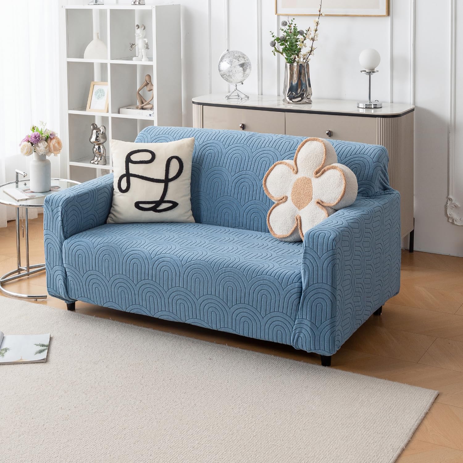 Premium Jacquard Fabric 220 GSM Sofa Cover – Soft, Stretchable (Light Blue)