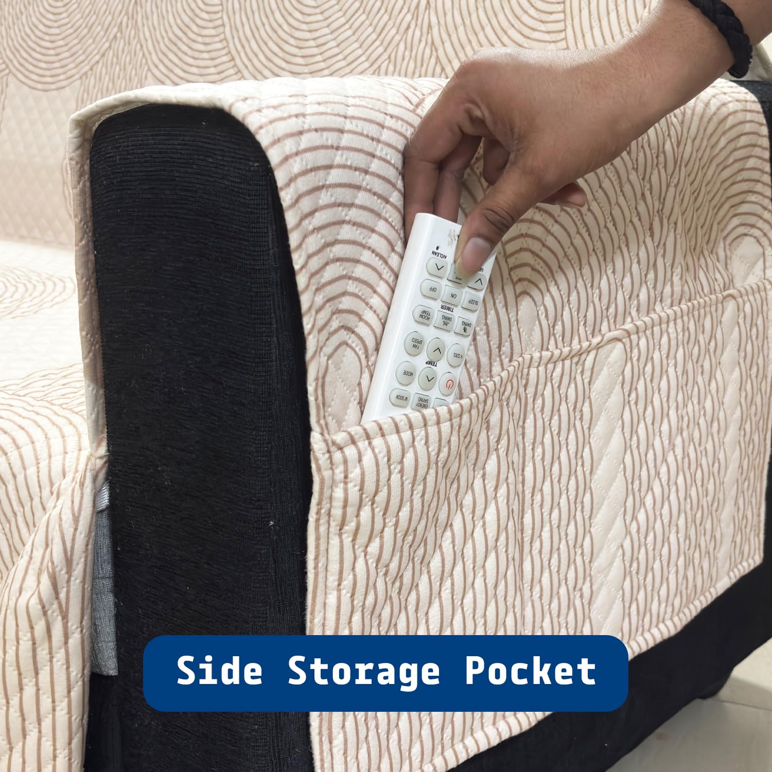 IKATRA Series Quilted Printed Sofa Cover for Indian Sofa Set with Side Pocket (Beige Loom)