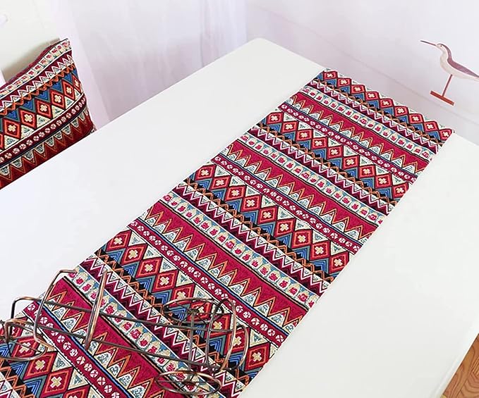 Table Runner, Ethnic Indian Style (1 Runner 30x160cm, 6 Placemat Red Tribal)