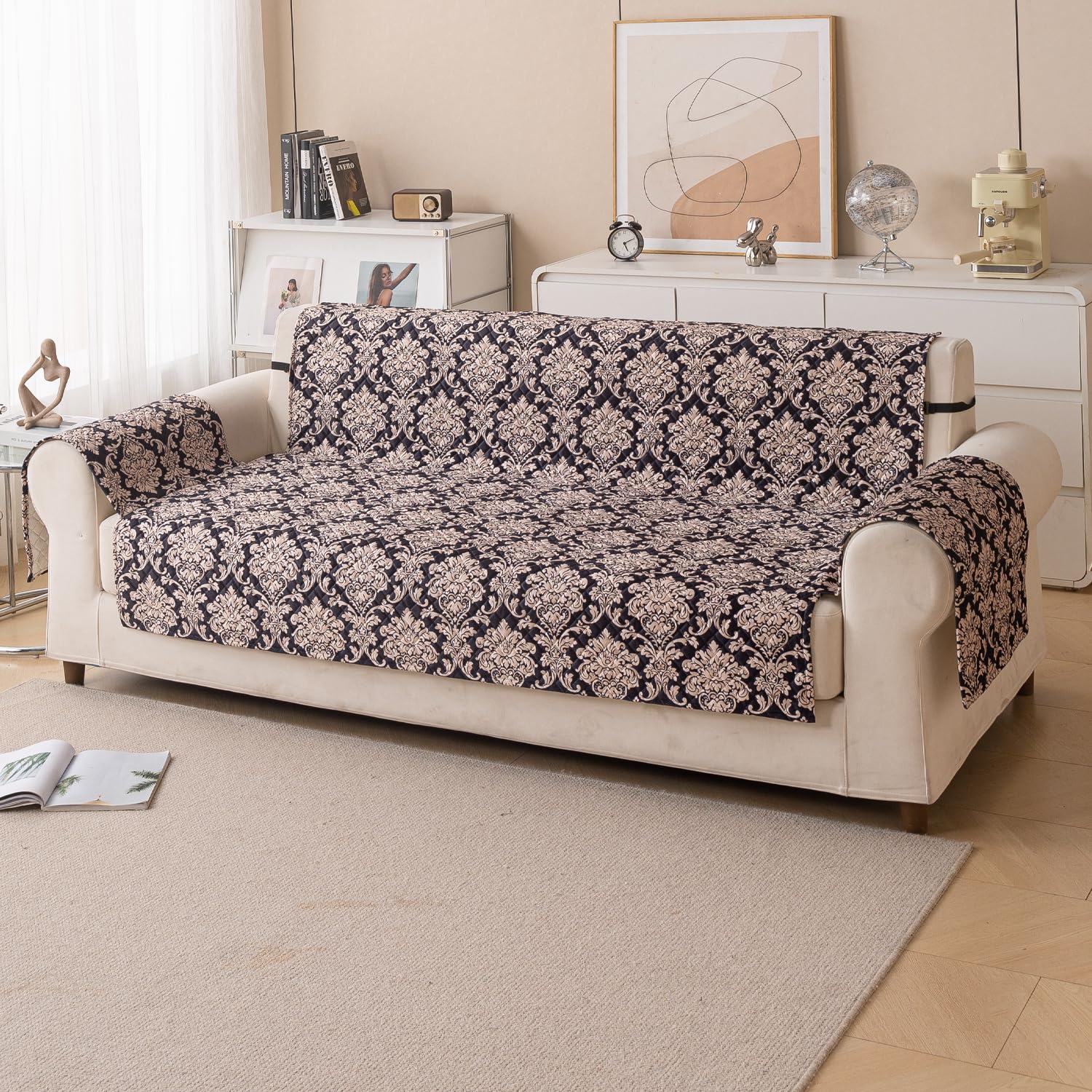 Quilted Printed Sofa Cover for Indian Sofa Set – Washable (Black Motif)