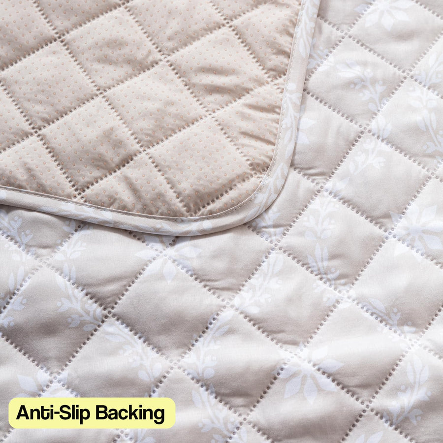 Printed Quilted Sofa Cover for 1/2/3/4 Seater Anti-Slip- Beige Blossom