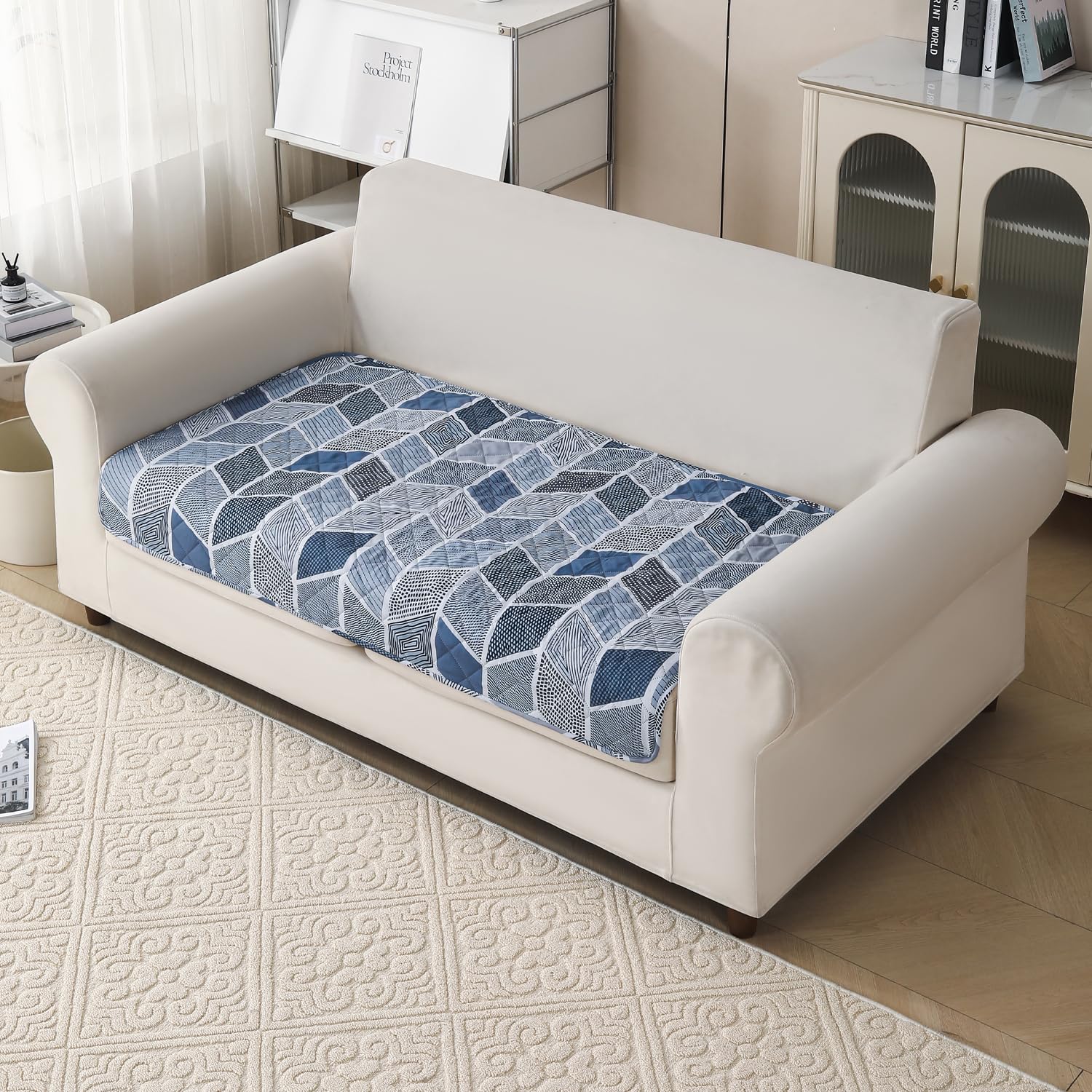 'Aura Petal Series' Quilted Sofa Mat Printed – Anti Slip (Hexa Blue)
