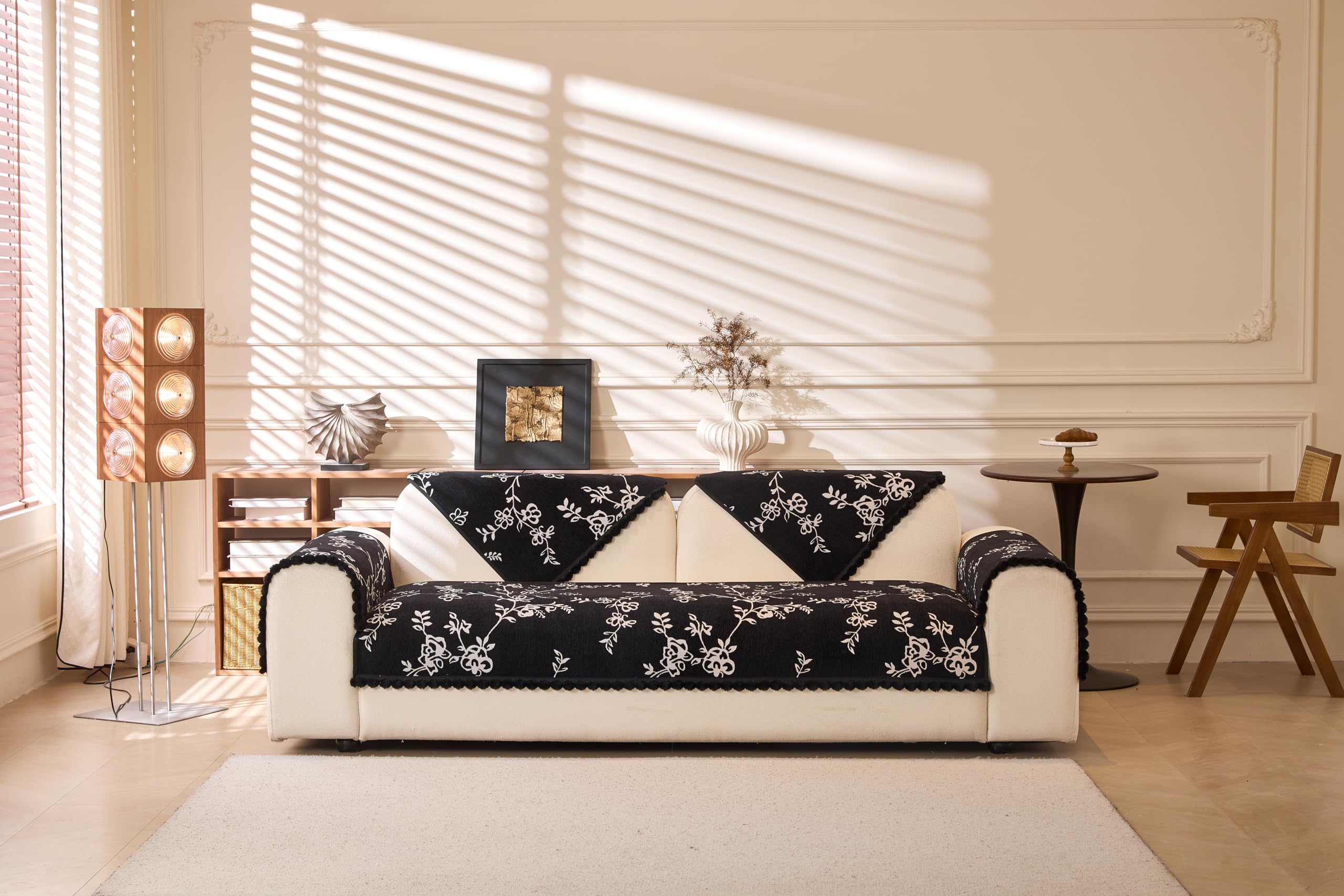 Modern Style Sofa Cover with Fur Ball Chenille (Black Floral)